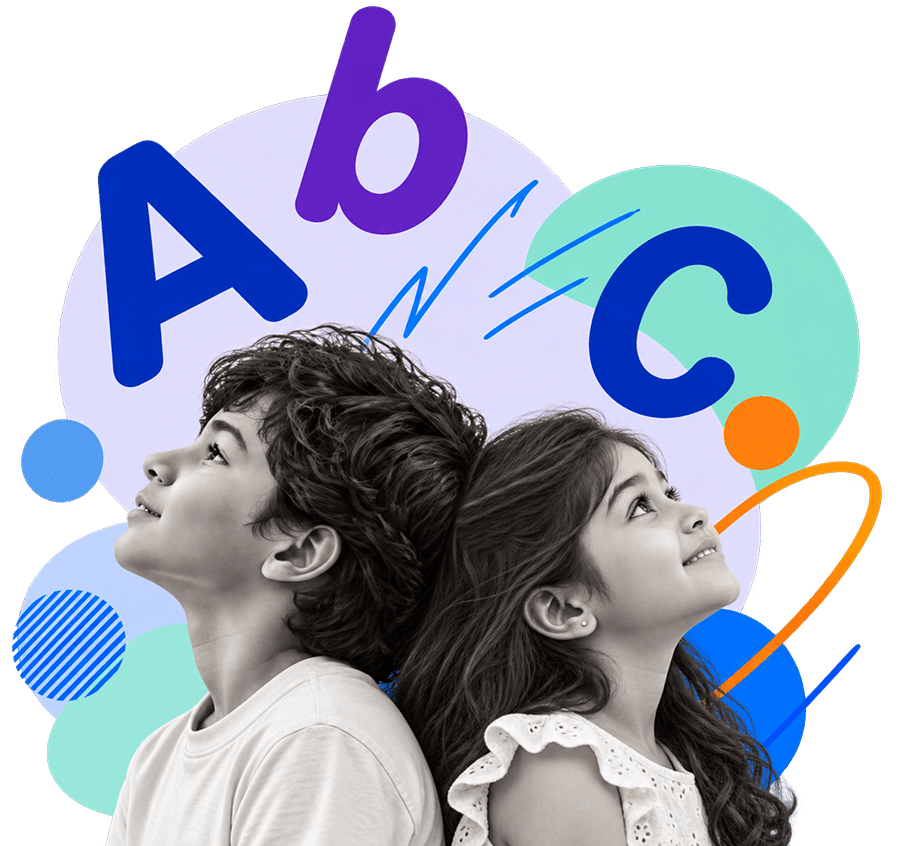 Children looking upward with playful A, b and c letters