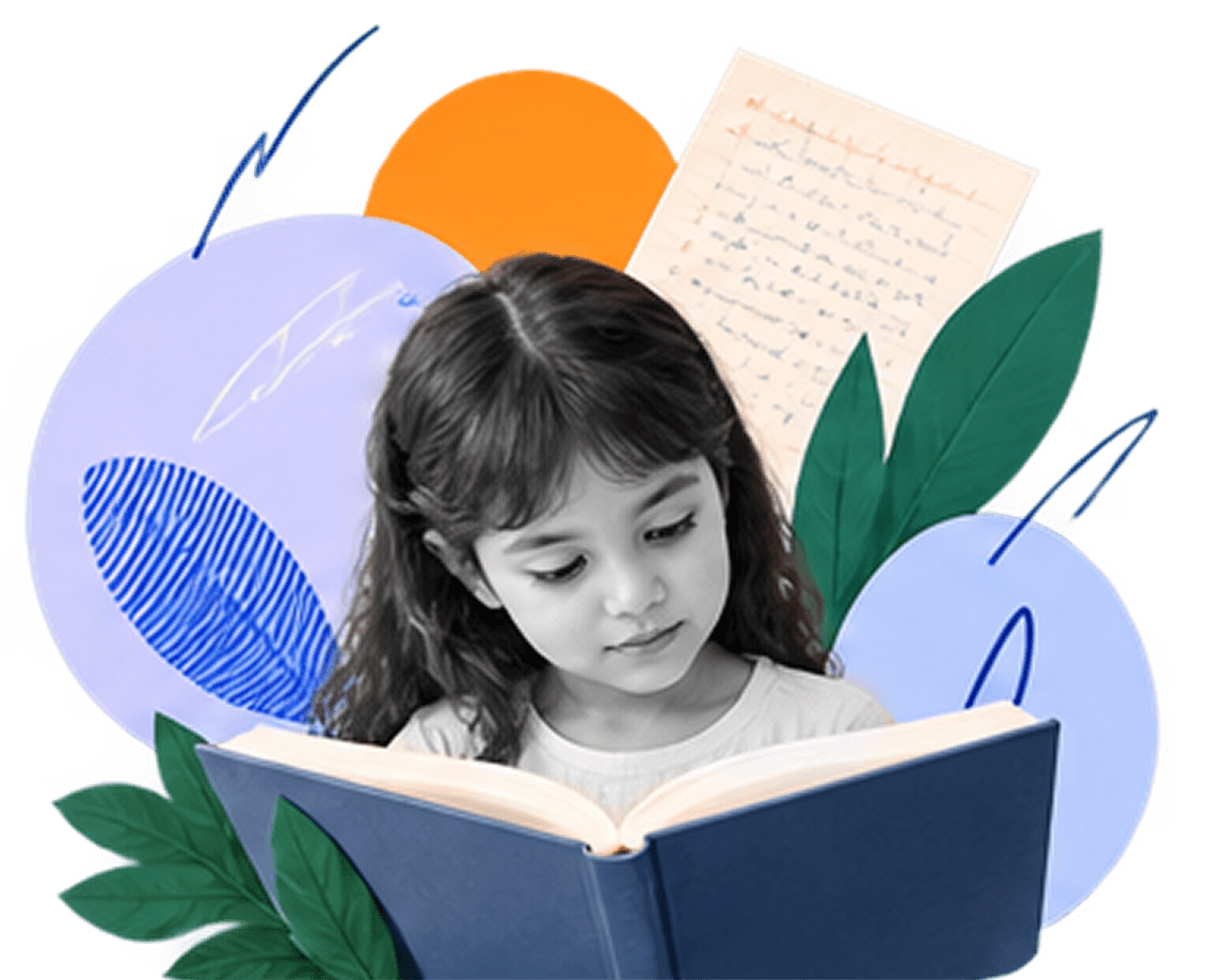 Child looking upward with colorful abstract leaves